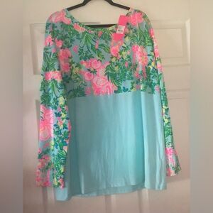 Lilly Pulitzer Green and Blue Boxy Long Sleeve Blouse Finn Top